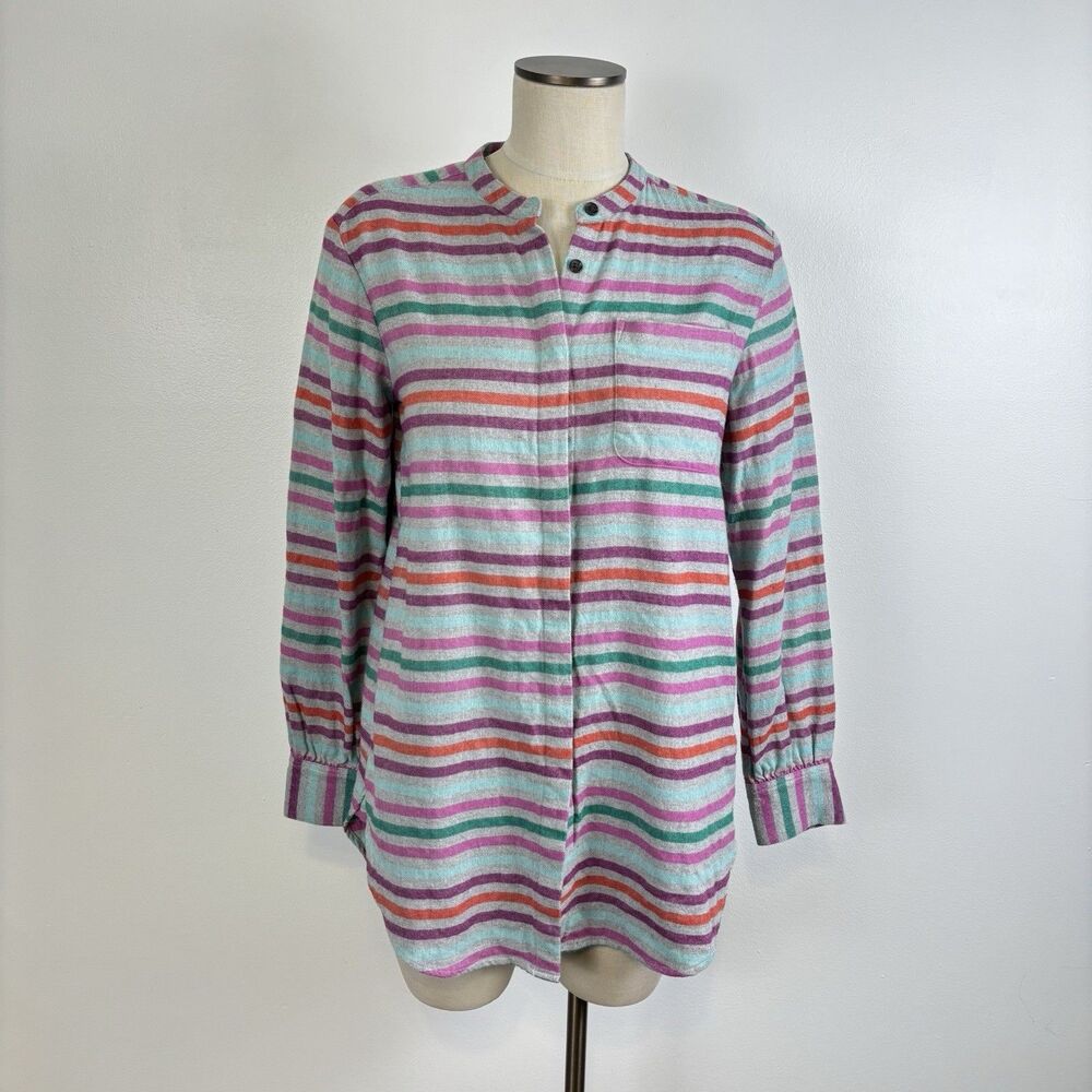 Lands End Women Small Flannel Tunic Shirt Striped Cotton Band Collar OEKO-TEX